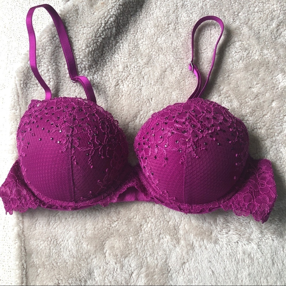 Aerie Reese Push Up Bra Lace Sequins Size 34B Magenta Pink Coquette Vamp Sexy